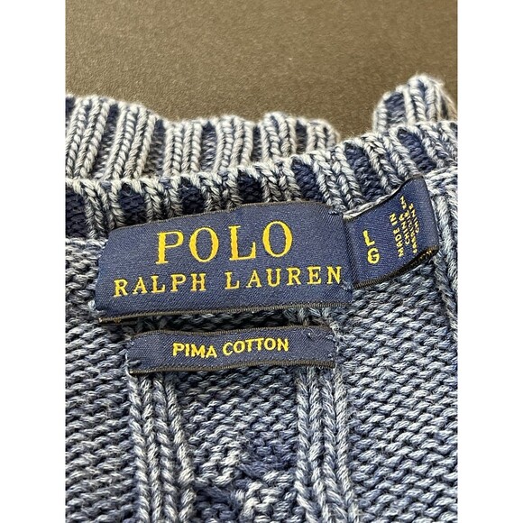 Polo Ralph Lauren Women’s Sweater L Distressed Blue Cable Knit V-Neck Preppy - Picture 10 of 11